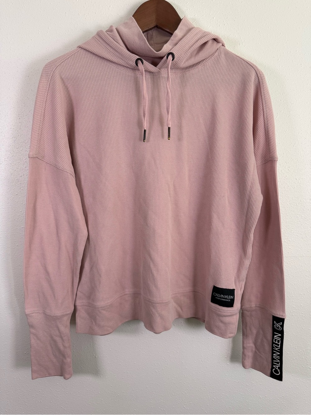 Calvin Klein Performance Pink Waffle Knit Hoodie Large Logo Pullover